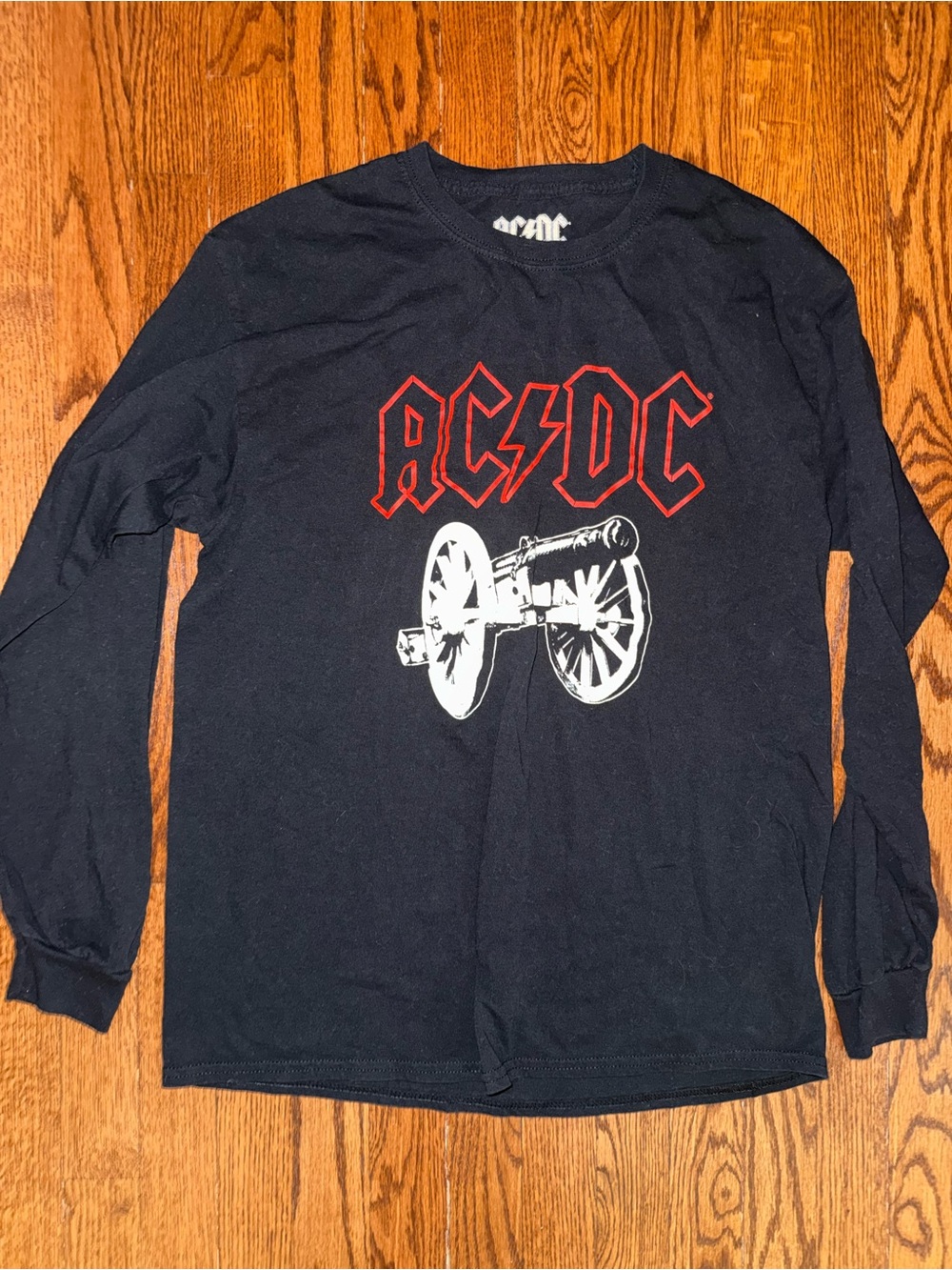 Hybrid Apparel AC/DC Black Long Sleeve Tee with Red Logo and White Cannon